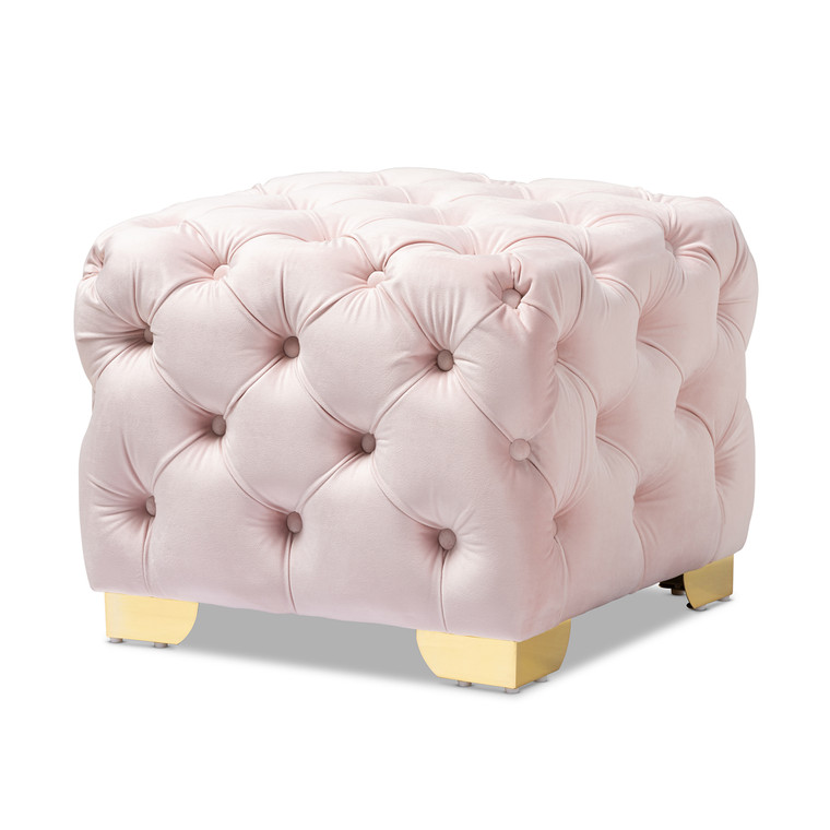 Araav Glam and Luxe Light Velvet Fabric Upholstered Button Tufted Ottoman | Light Pink/Gold