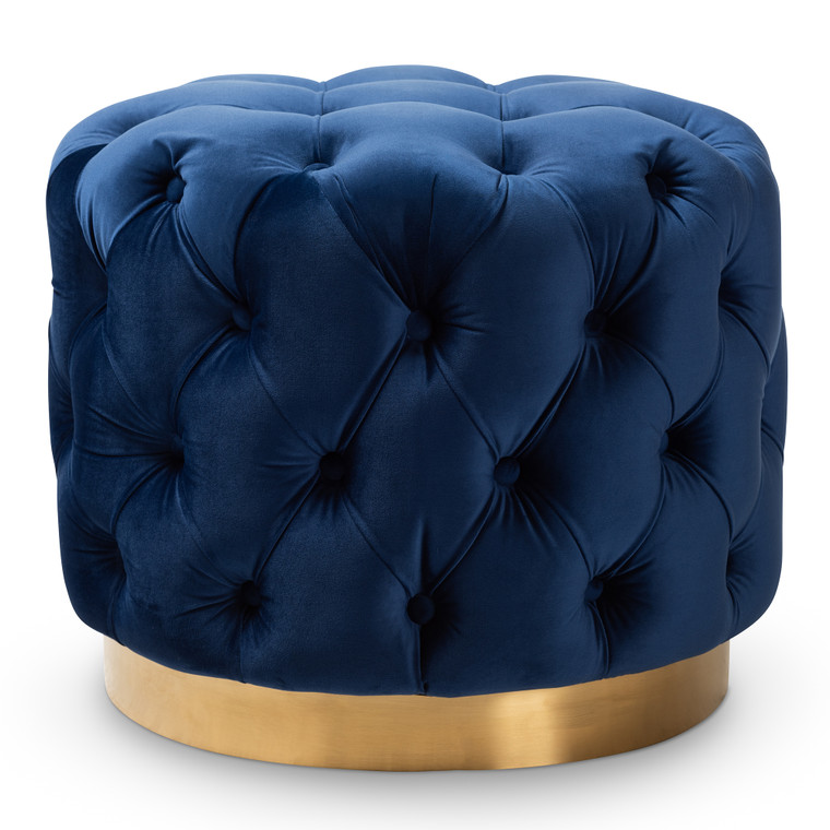 Aleriv Glam Royal Velvet Fabric Upholstered Gold-Finished Button Tufted Ottoman | Royal Blue/Gold