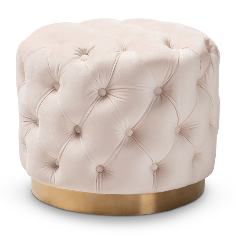 Aleriv Glam Light Beige Velvet Fabric Upholstered Gold-Finished Button Tufted Ottoman | Light Beige/Gold