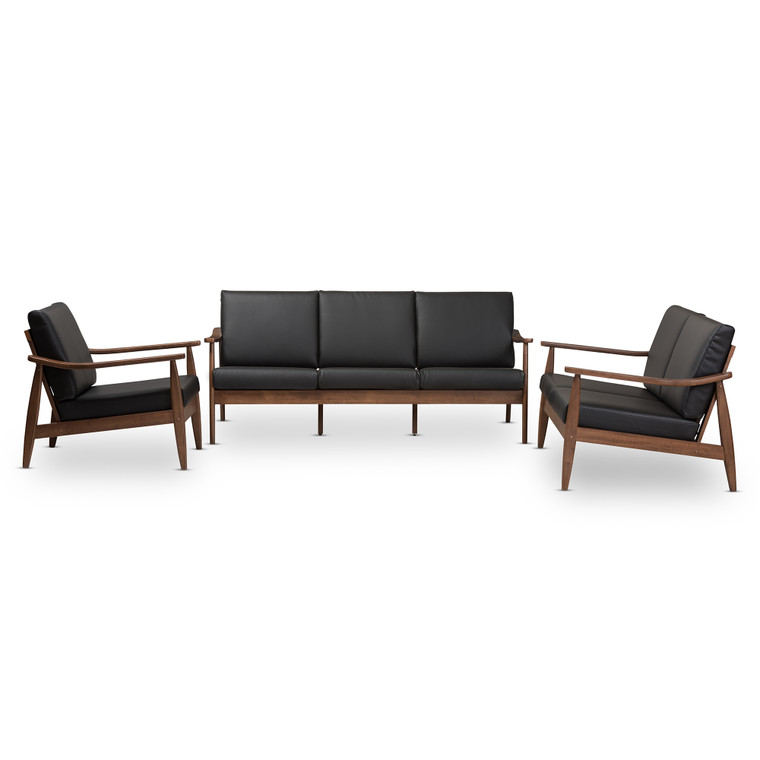 Nazve Tid-Century Todern Faux Leather 3-Piece Livingroom Set | Black/"Walnut" Brown