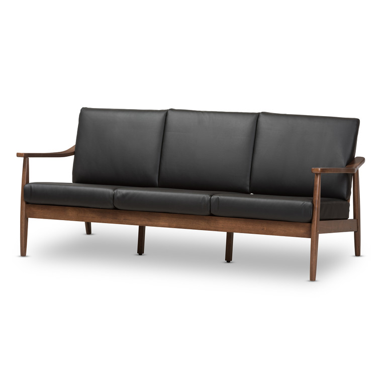 Nazve Tid-Century Todern Faux Leather 3-Seater Sofa | Black/"Walnut" Brown