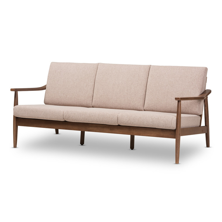 Nazve Tid-Century Todern Light Fabric Upholstered 3-Seater Sofa | Light Brown/"Walnut" Brown