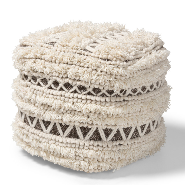 Seyve Moroccan Inspired Handwoven Wool Pouf Ottoman | White/Grey