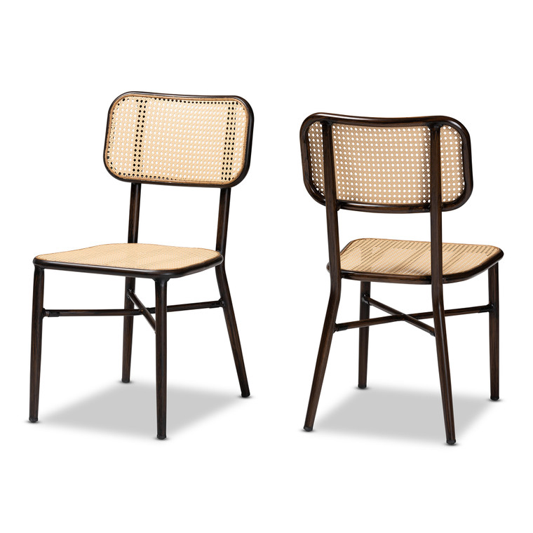 Remy Mid-Century Modern Finished Metal and Synthetic Rattan 2-Piece Outdoor Dining Chair Set | Beige/Stellan Brown