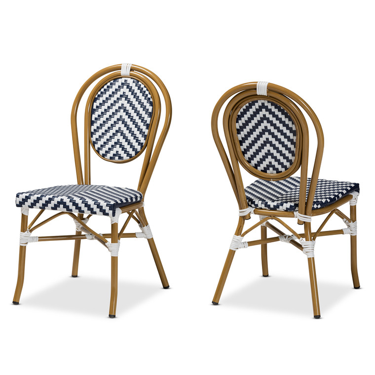 Relaia Classic French Indoor and Outdoor Blue and Bamboo Style Stackable 2-Piece Bistro Dining Chair Set | White/Blue/Brown