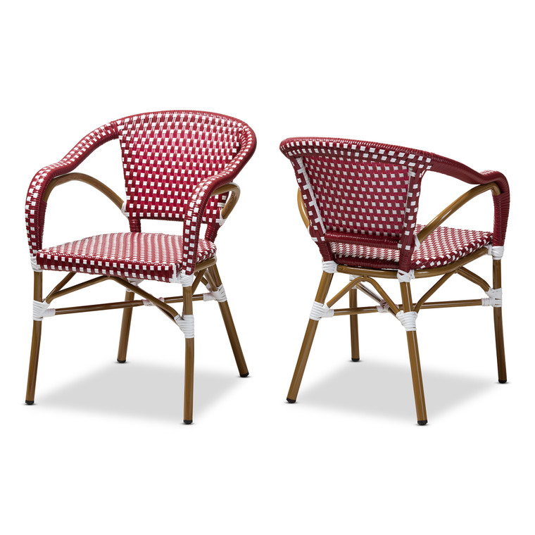 Ryan Classic French Indoor and Outdoor Red and Bamboo Style Stackable Bistro Dining Chair Set of 2 | Red/White