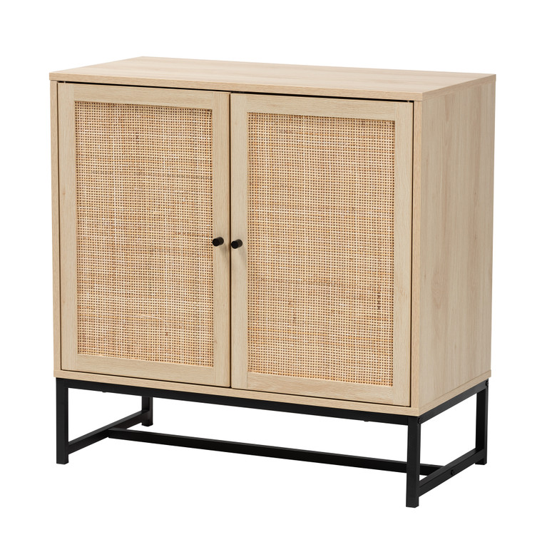 Elysande Mid-Century Modern Transitional Rattan 2-Door Storage Cabinet | Natural Brown/Black