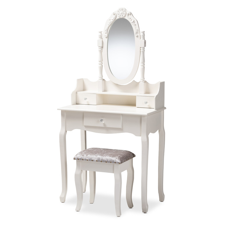 Queveri Traditional French Provincial 2-Piece Vanity Table with Mirror and Ottoman | White