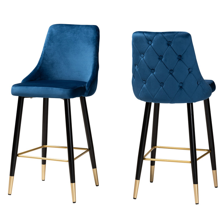 Gianna Contemporary Glam and Luxe Velvet Fabric 2-Piece Bar Stool Set | Navy Blue/Black/Gold