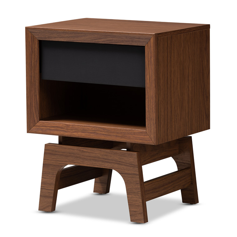 Tesvan Tid-Century Todern and Gray 1-Drawer Nightstand | Walnut/Gray