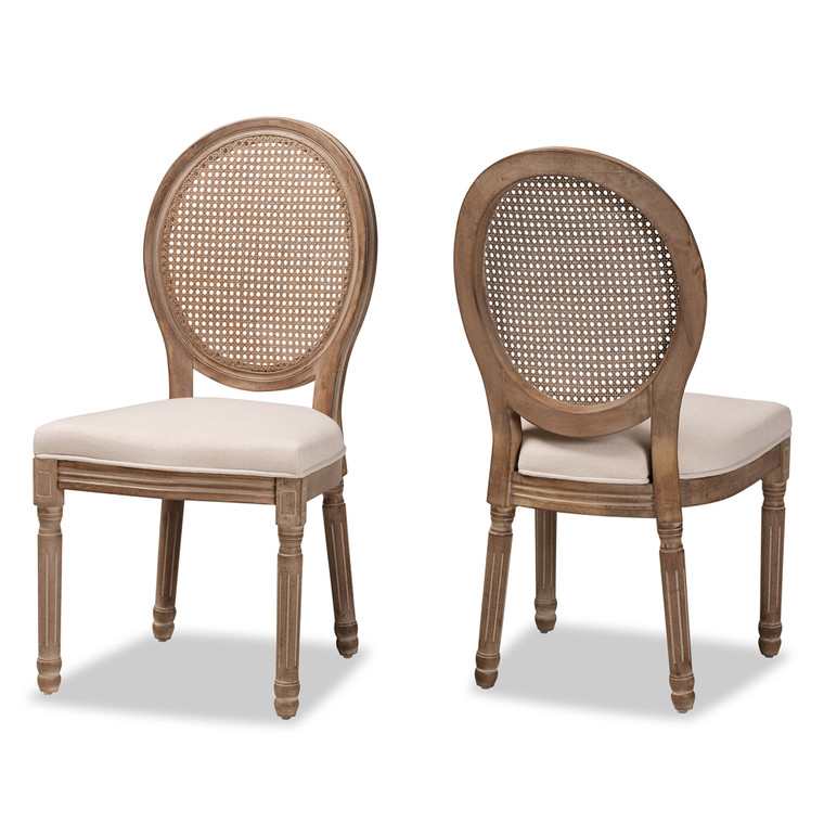 Ellebam Traditional French Inspired Fabric Upholstered and Antique 2-Piece Dining Chair Set with Rattan | Beige/Antique Brown