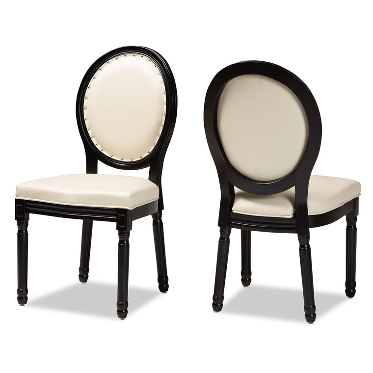 Ellebam Traditional French Inspired Beige Faux Leather Upholstered 2-Piece Dining Chair Set | Beige/Black