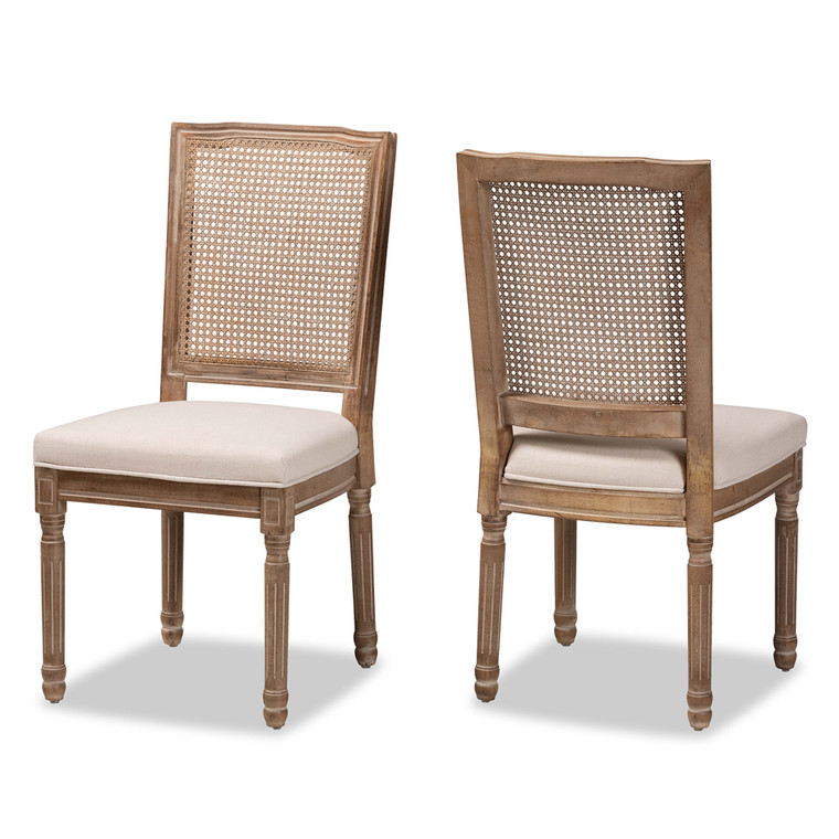 Enaoul Traditional French Inspired Fabric Upholstered and Antique 2-Piece Dining Chair Set with Rattan | Beige/Antique Brown