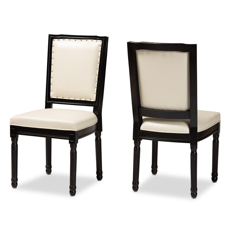 Enaoul Traditional French Inspired Beige Faux Leather Upholstered 2-Piece Dining Chair Set | Beige/Black