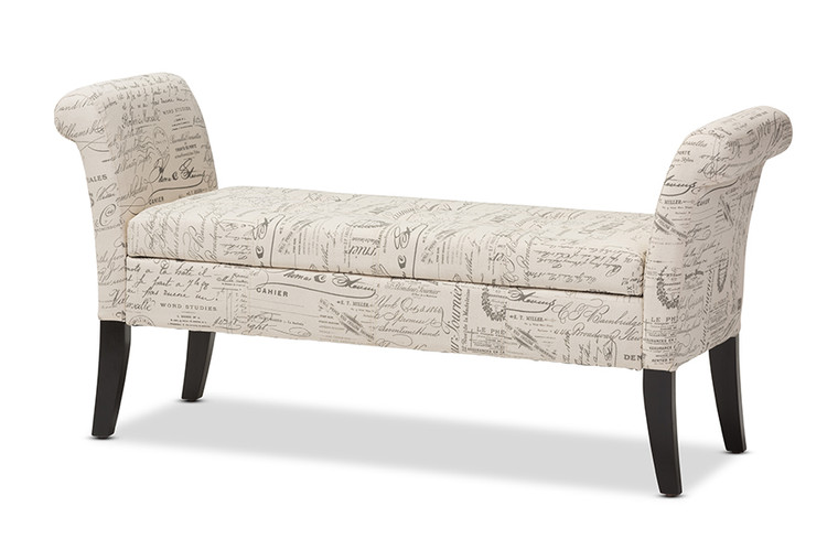 Avonlea Script-Patterned French Laundry Fabric Storage Ottoman Bench | Beige