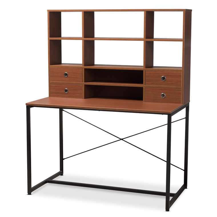 Edwi Rustic Industrial Style Metal 2-in-1 Bookcase Writing Desk | Brown/Black