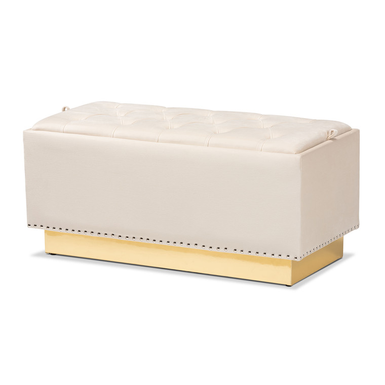Lopew Glam and Luxe Beige Velvet Fabric Upholstered and Gold PU Leather Storage Ottoman | Beige/gold