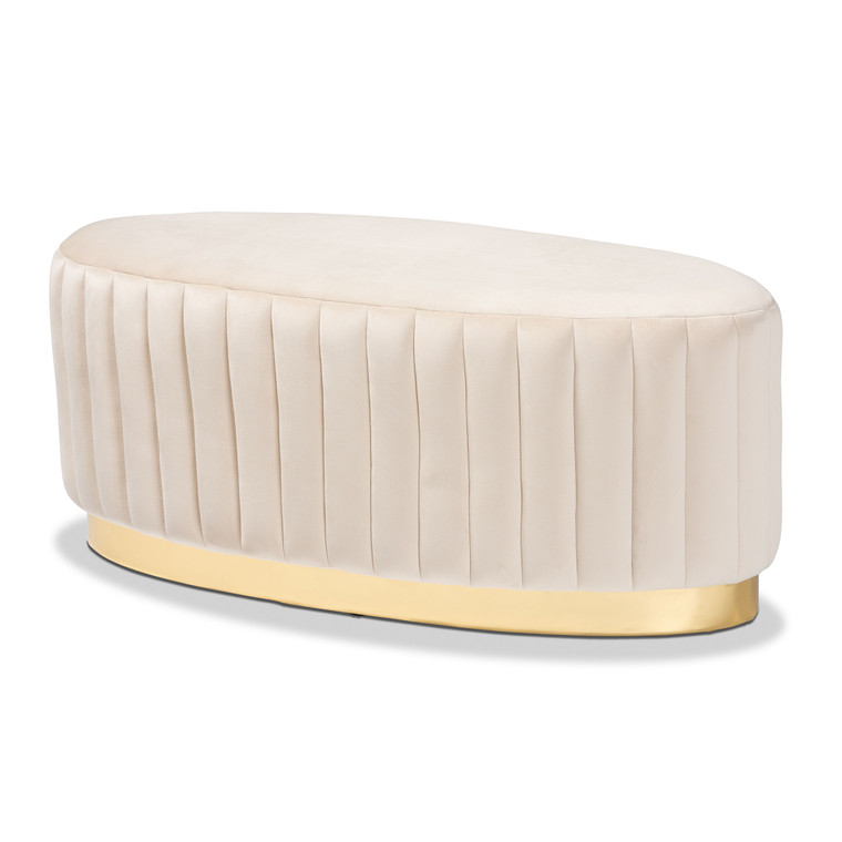 Anarik Glam and Luxe Beige Velvet Fabric Upholstered and Gold PU Leather Ottoman | Beige/gold