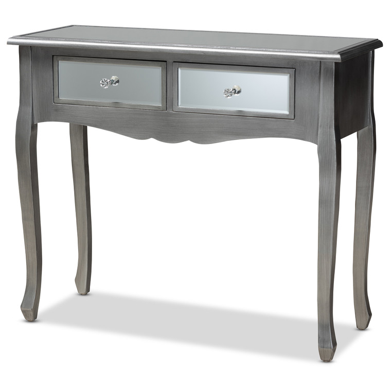 Eonile Todern Transitional French Brushed Silver and Mirrored Glass 2-Drawer Console Table | Silver/Mirror