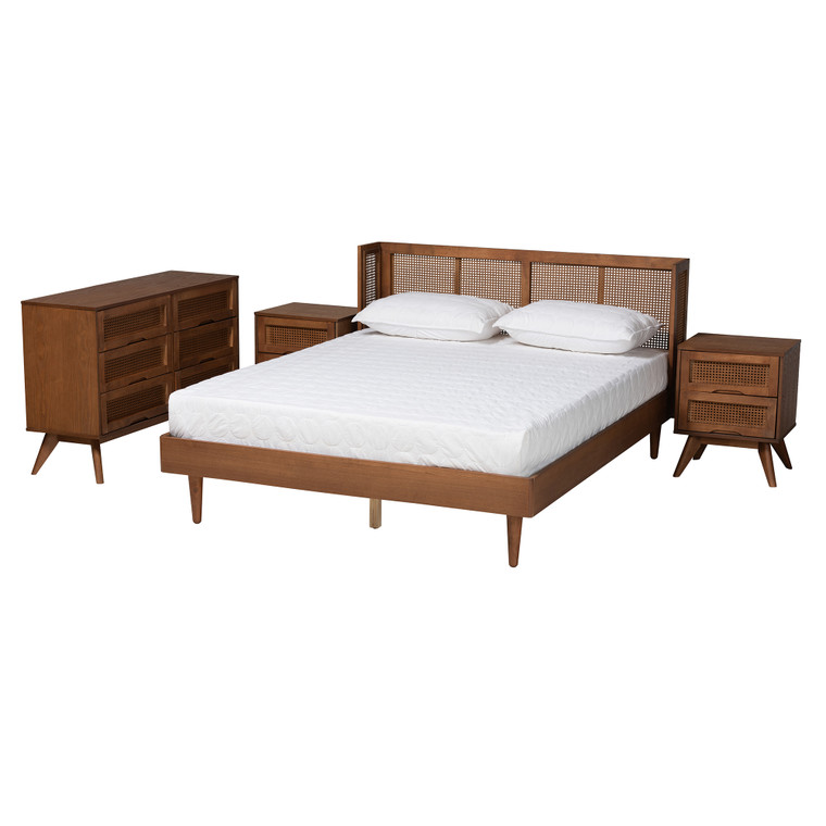 Anir Mid-Century Modern 4-Piece Bedroom Set with Synthetic Rattan
