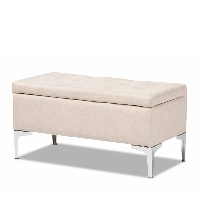 Lebam Modern and Contemporary Transitional Fabric Upholstered and Silver Finished Metal Storage Ottoman