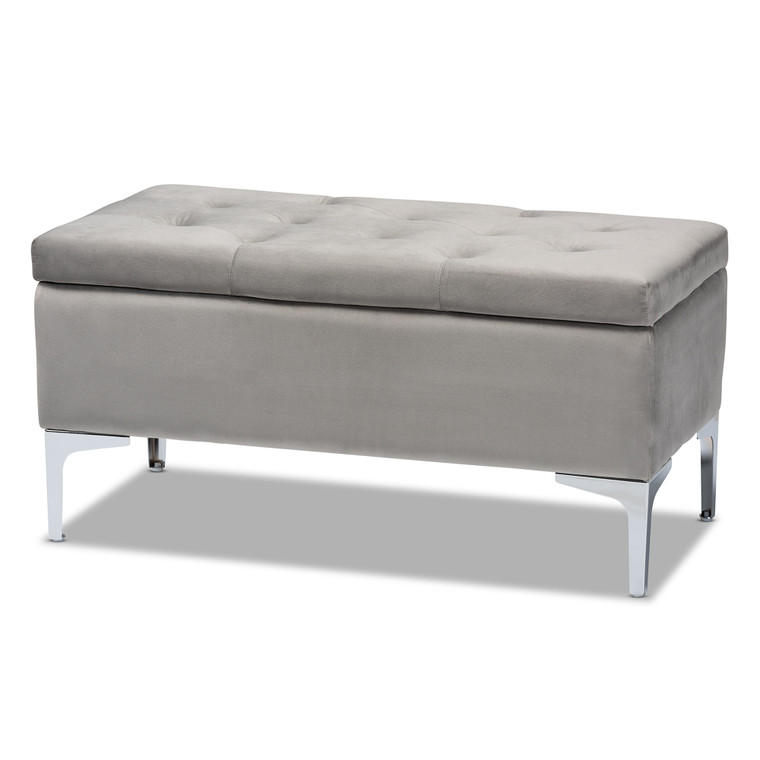 Lebam Modern and Contemporary Transitional Velvet Fabric Upholstered Silver Finished Storage Ottoman