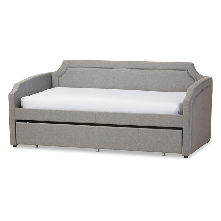 Sonpark Modern and Contemporary Fabric Curved Notched Corners Sofa Twin Daybed with Roll-Out Trundle Guest Bed | Grey
