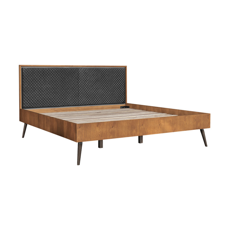 Coco Rustic Oak Wood Upholstered Faux Leather Platform Bed