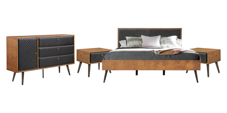 Coco Rustic 4 piece Upholstered Platform Bedroom Set in with Dresser and 2 Nightstands