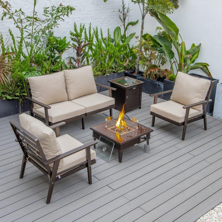 Walbrook Modern Brown Patio Conversation With Square Fire Pit With Slats Design & Tank Holder