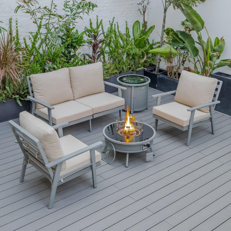 Walbrook Modern Grey Patio Conversation With Round Fire Pit With Slats Design & Tank Holder