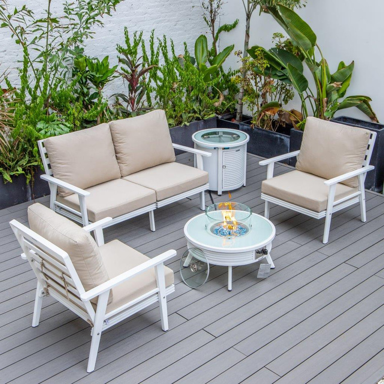 Walbrook Modern White Patio Conversation With Round Fire Pit With Slats Design & Tank Holder