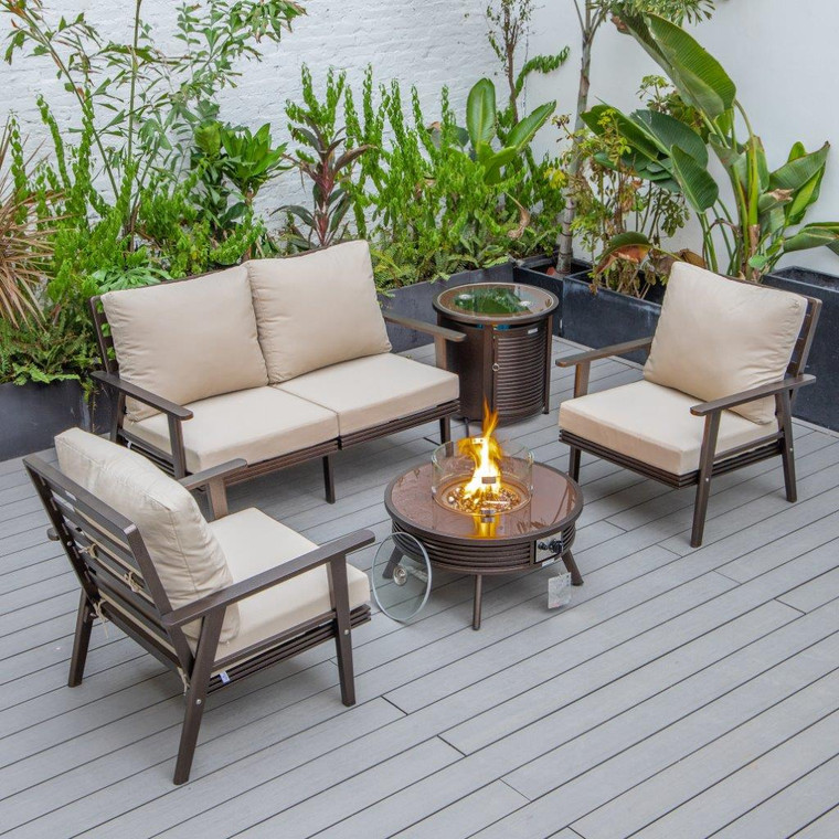 Walbrook Modern Brown Patio Conversation With Round Fire Pit With Slats Design & Tank Holder