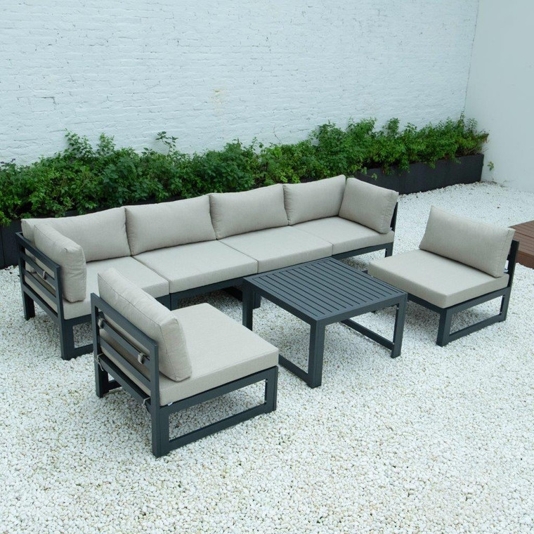 Chesterfield 7-Piece Patio Sectional And Coffee Table Set Black Aluminum With Cushions