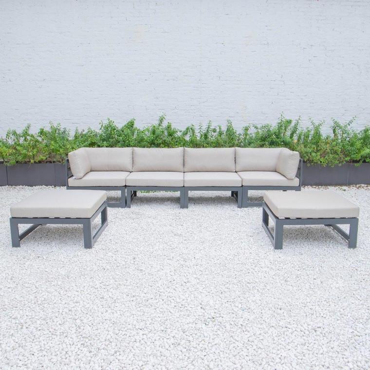 Chesterfield 6-Piece Patio Ottoman Sectional Black Aluminum With Cushions