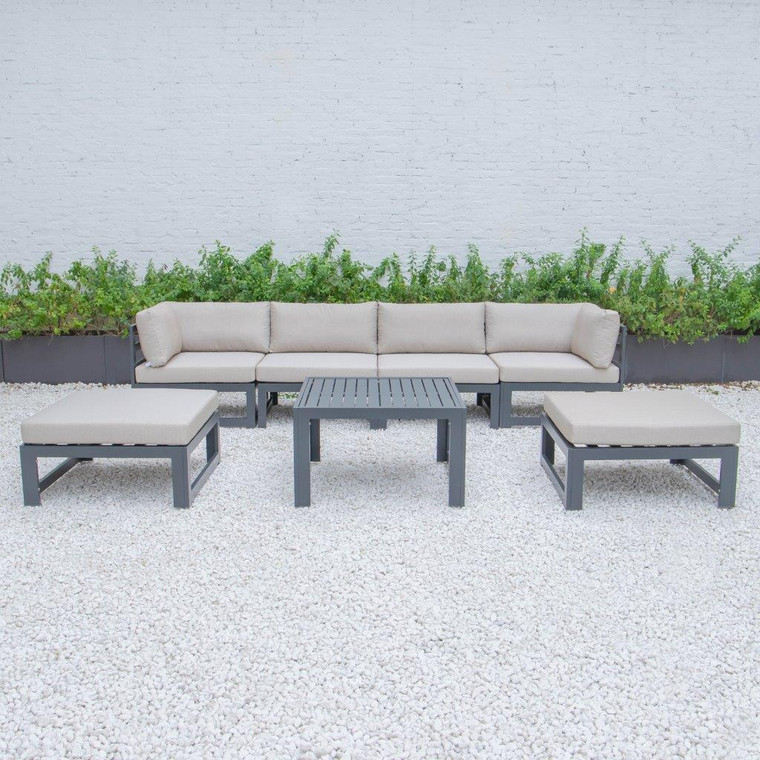 Chesterfield 7-Piece Patio Ottoman Sectional And Coffee Table Set Black Aluminum With Cushions