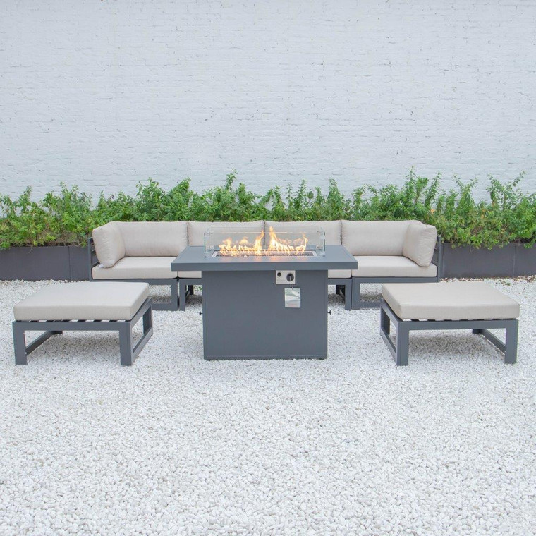 Chesterfield 7-Piece Patio Ottoman Sectional And Fire Pit Table Black Aluminum With Cushions