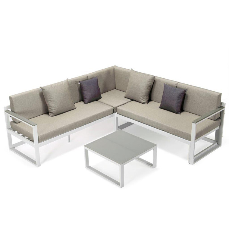 Chesterfield White Sectional With Adjustable Headrest & Coffee Table With Two Tone Cushions