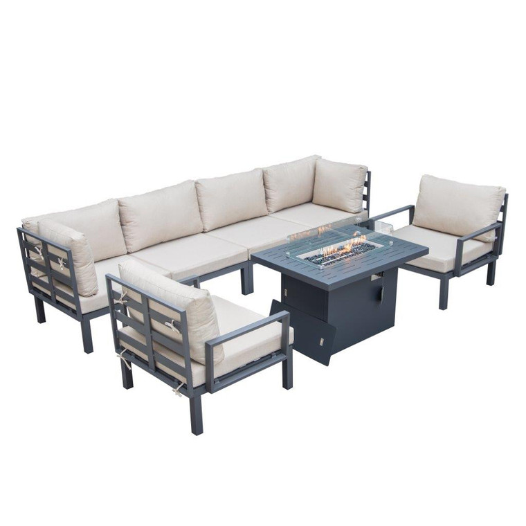 Hamiltonian 7-Piece Aluminum Patio Conversation Set With Fire Pit Table And Cushions