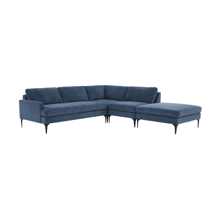 Serenade Blue Velvet Large RAF Chaise Sectional with Black Legs