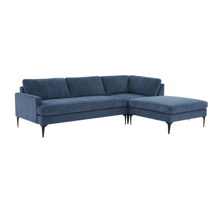 Serenade Blue Velvet RAF Chaise Sectional with Black Legs