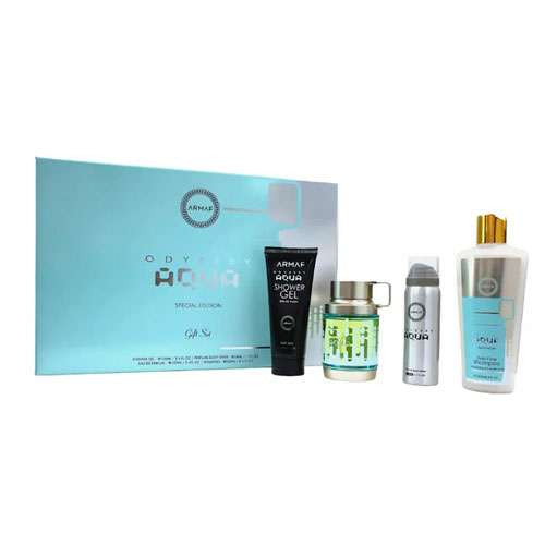 SET ARMAF ODYSSEY AQUA MEN( 4 PC ) 3.4 OZ EDP SP / 3.4 OZ SG / 8.4 OZ SHAMPOO / 1.7 OZ BODY SPRAY / 6295199804148
