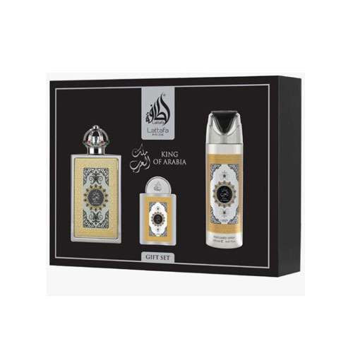 SET LATTAFA PRIDE KING OF ARABIA MEN (3 PC) 3.4 OZ EDP SP / 0.68 OZ  EDP / 6.8 OZ BODY SPRAY / 6290362347996