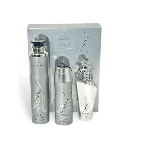 SET LATTAFA MAAHIR LEGACY ( 3 PC )3.4 OZ EDP / 6.76 OZ DEO / 1.7 OZ  AIR FRESHNER / 6290362341260