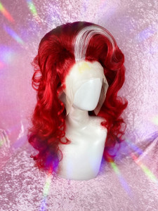 READY 2 SHIP "Start of Silly season" Sale - "Christmas Wish" - Fab Ariel red with custom white streak, side slick teased up lush and big (slight yellow stain on lace but will be cut off)