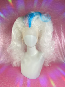 "BIG Pride" - One of a kind styled big white wig with custom pink and Blue streak.