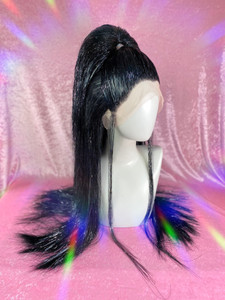 Chrissy SALE - "Dark Christmas"- FULL TINSEL black "oil slick" wig styled into a high ponytail. 