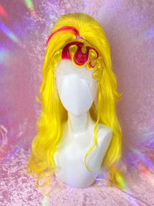 READY 2 SHIP! -  Big bird Yellow high ponytail  with Custom ventilated pink streak And pink crystal detailing 
