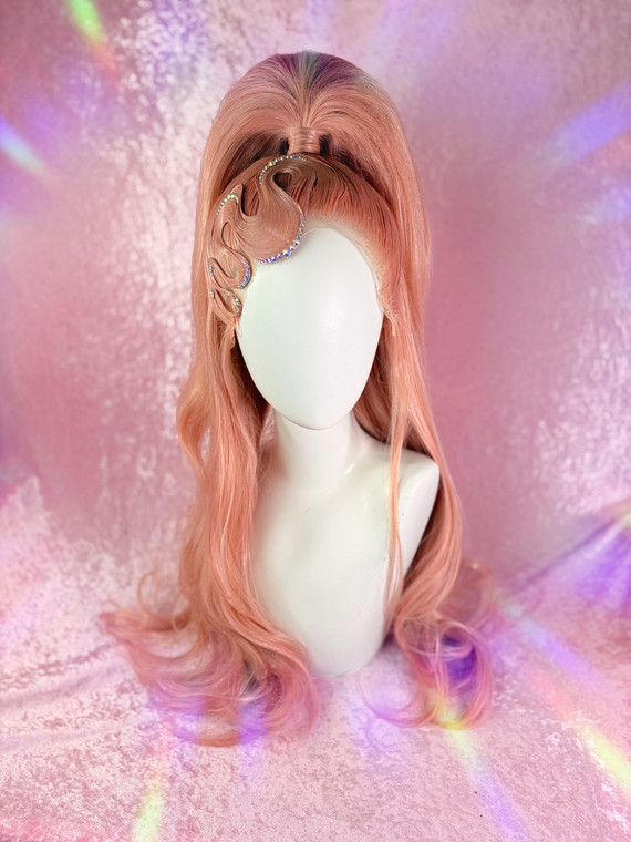 Ready 2 SHIP Pre-loved by Esther! - "Sparkling Peach" - all slicked half up ponytail in mixed peach w wiggly set solid fringe detail and AB crystals, worn only once, lace cut. 