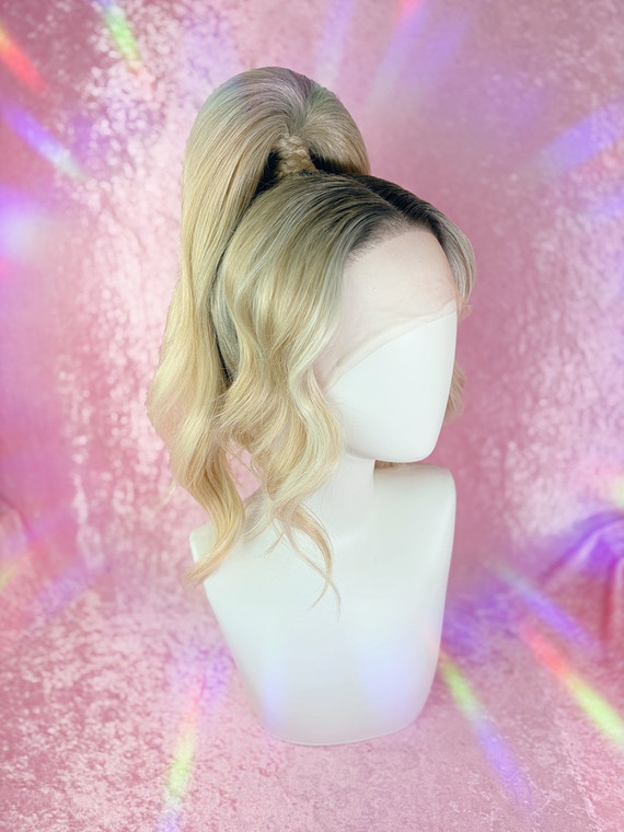 Ready 2 SHIP! - "Girly Girl" - deep middle part ash blonde with high all up ponytail - T-part lace mesh cap construction.